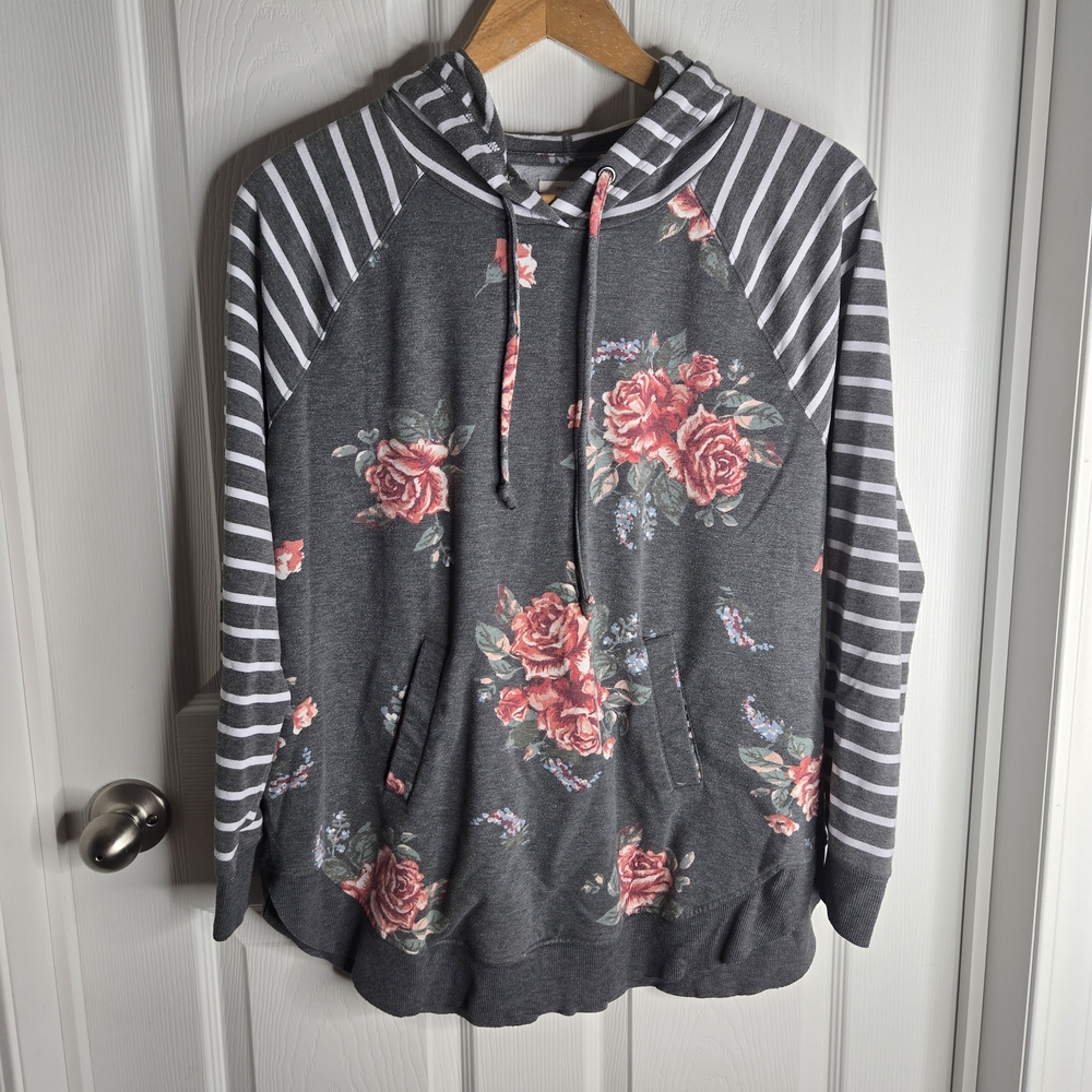 Floral Gray Hoodie with Striped Sleeves